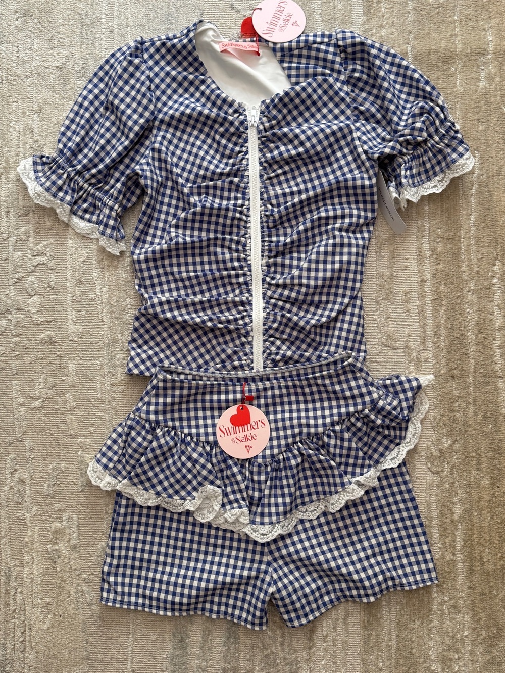 Selkie NWT Blue and White Gingham Ruffle Top and Shorts Swimming Suit - Picture 5 of 10
